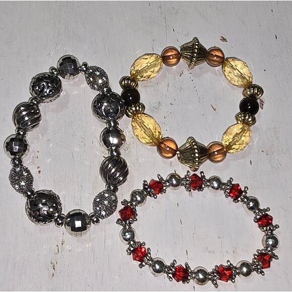 Treska Stretch Silver TAN Red Beaded‎ Bracelets Set - Picture 1 of 5